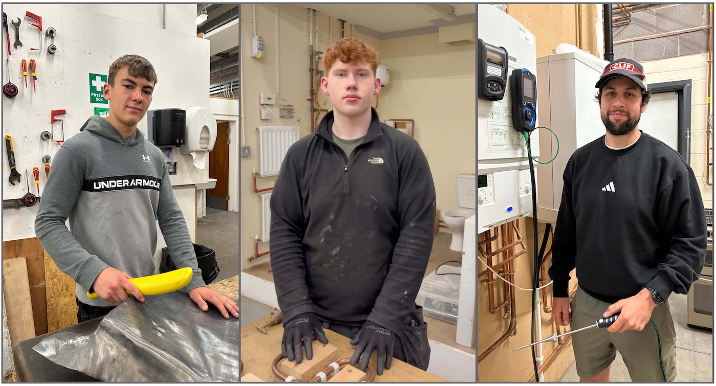 Photo collage of three plumbing students standing in a workshop setting