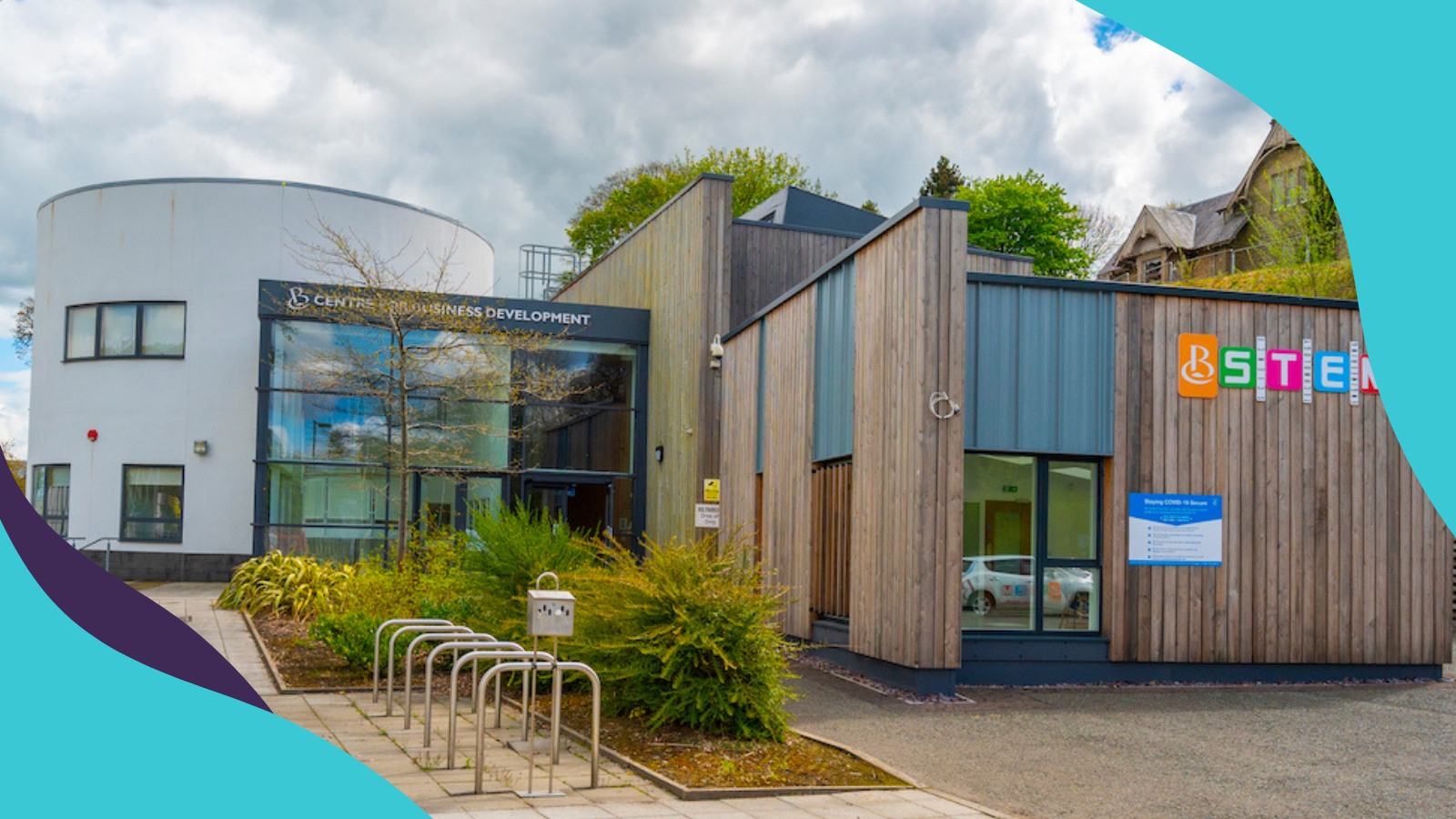 Photo of the former Borders College Hawick campus incorporated within a South of Scotland Enterprise graphic